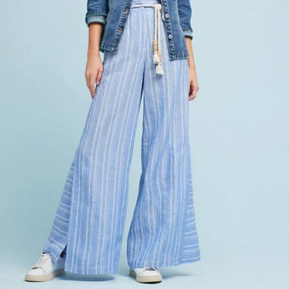 Anthropologie Ett Twa Blue Striped Linen Wide Leg Pants - Size 8